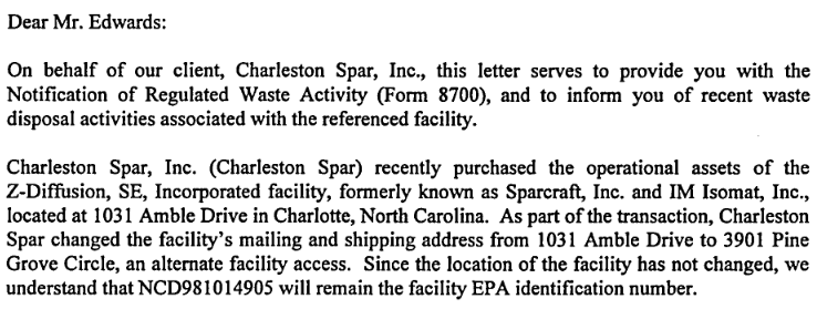 Charleston Spar EPA letter snippet